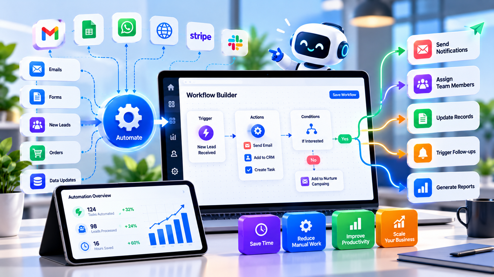 Business automation workflow connecting CRM, billing and email tools