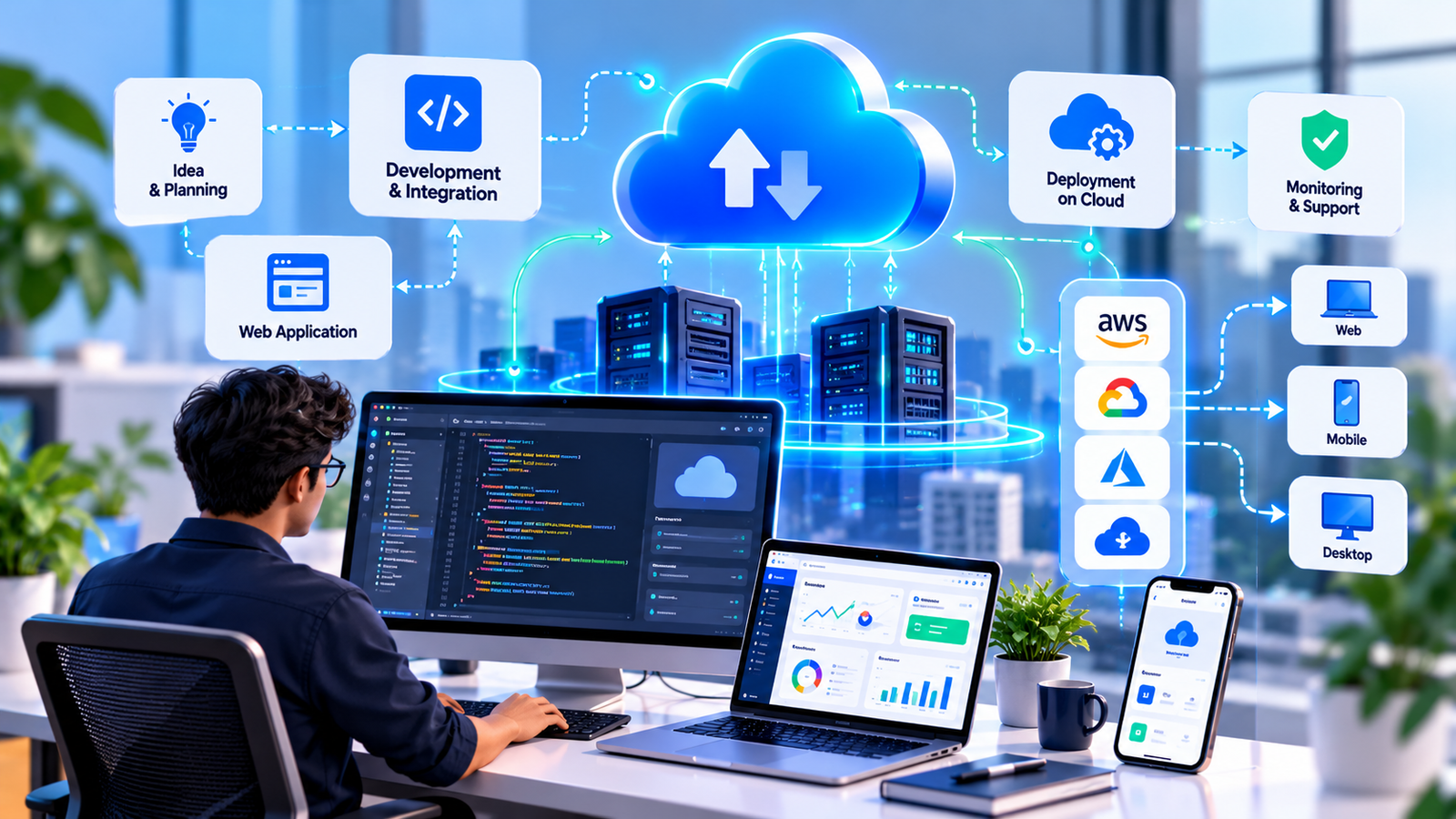 Cloud-based business application accessed from laptop and phone