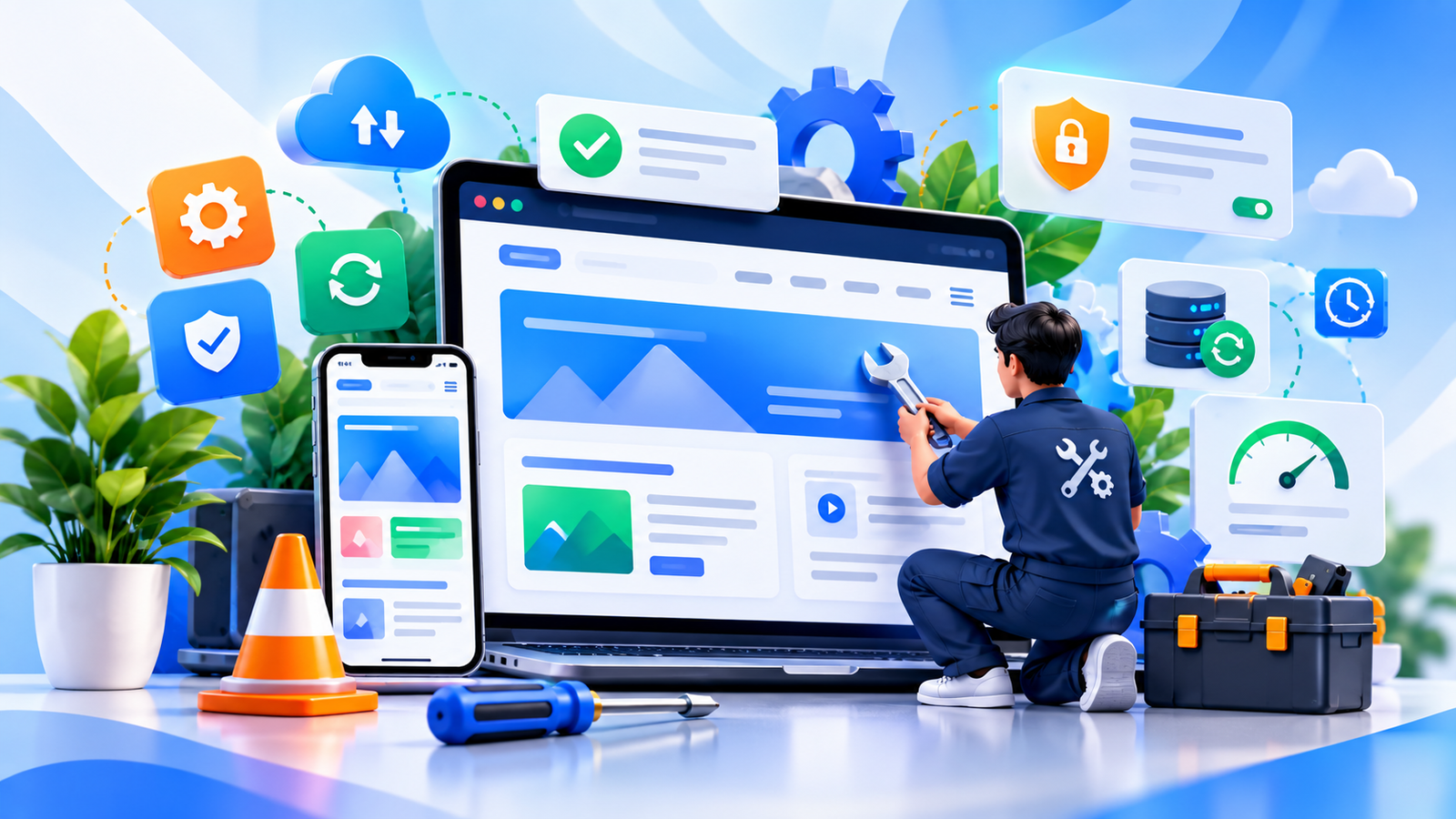 Website maintenance dashboard showing updates, uptime monitoring and backups